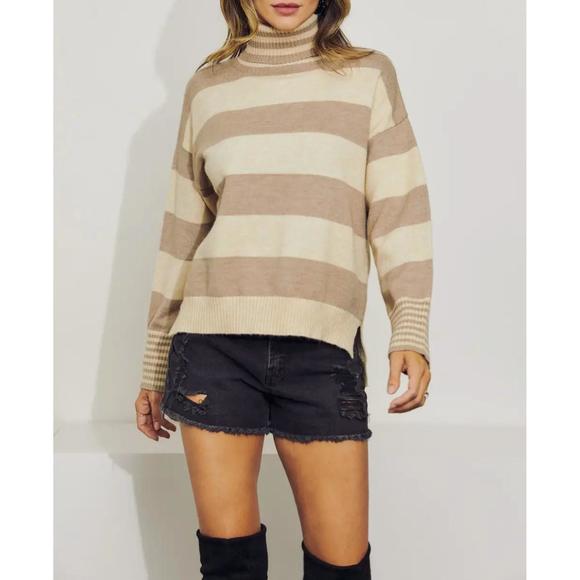 NEW J.NNA cotton-blend multi-stripe turtleneck sweater in taupe - Picture 1 of 2